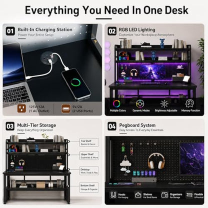 47 Inch Gaming Desk with 1 Power Outlet, 2 USB & LED Lights, Computer Desk with Hutch, Pegboard, Home Office Desk with Shelves for Bedroom, Study (Black,47inch) - color: Black, size: 47inch