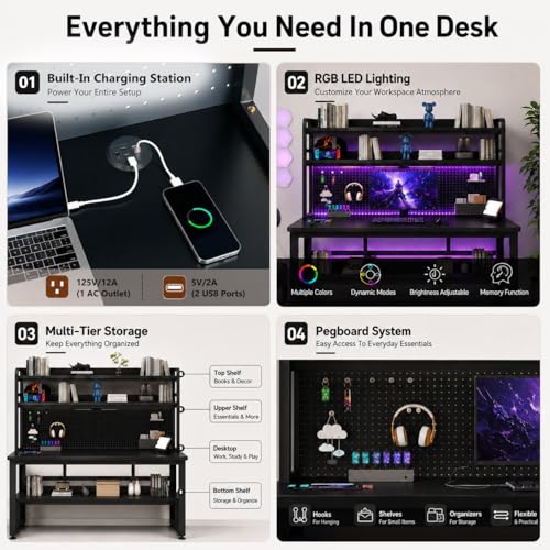 47 Inch Gaming Desk with 1 Power Outlet, 2 USB & LED Lights, Computer Desk with Hutch, Pegboard, Home Office Desk with Shelves for Bedroom, Study (Black,47inch) - color: Black, size: 47inch