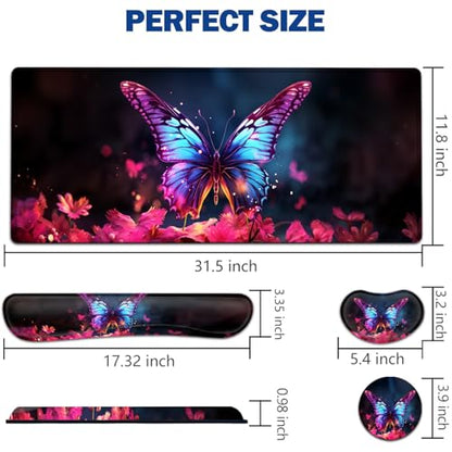 Large Mouse Pad + Keyboard Wrist Rest Set, Extended Gaming Mousepad (31.5X11.8 inch) with Non-Slip Rubber, Ergonomics Memory Foam Mouse Wrist Rest Support, Colorful Butterflies Pattern XXL Desk Pad - color: Yu-Mouse Pad-3-B48