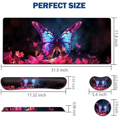 Large Mouse Pad + Keyboard Wrist Rest Set, Extended Gaming Mousepad (31.5X11.8 inch) with Non-Slip Rubber, Ergonomics Memory Foam Mouse Wrist Rest Support, Colorful Butterflies Pattern XXL Desk Pad - color: Yu-Mouse Pad-3-B48