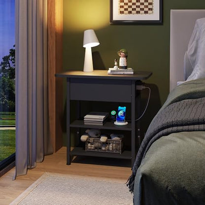 WLIVE End Table with Charging Station, Flip Top Narrow Side Table with Storage Shelf, Small Nightstand with USB Ports and Outlets,Bedside Table for Living Room, Bedroom,11.81" D x 23.62" W x 24.33" H - color: Black
