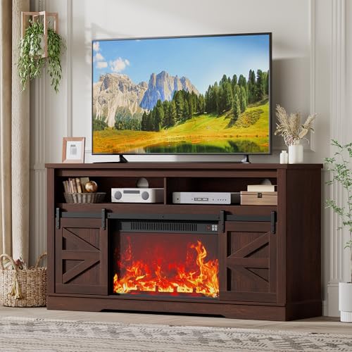 JUMMICO Fireplace TV Stand for 65+ Inch TV with 26'' Fireplace Entertainment Center with Storage Cabinet and Adjustable Shelves, Media Console with Sliding Barn Door for Living Room (Brown) - color: Brown, size: 58 Inch Fireplace TV Stand