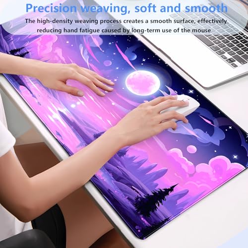 Extended Gaming Mouse Pad XL, Pink Purple Anime Desk Mat 31.5x15.7 | Aesthetic large mousepad featuring a magical purple moon and cloud design. Perfect for cute anime desk setups. - color: Pink Moon Lake