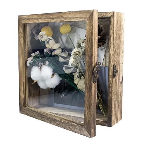 GraduationMall 8x8 Shadow Box Frame Solid Wood Glass Door Display Case with Linen Back and 6 Stick Pins,1.5 inches Interior Depth,Ideal for Memorabilia Pictures Flowers Medals Tickets - color: Carbonized Black, size: 8x8