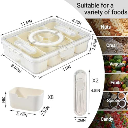 Large Divided Serving Tray with lid and handle Travel snack container Portable snackle box container for fruit, Party, Picnic -10 compartment with 3 forks and 2 spoons
