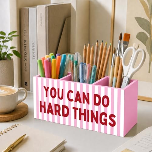 You Can Do Hard Things Pink Inspirational Pen Holder for Desk, Positive Affirmation Inspirational Pink Striped Wooden Box Sign Desk Organizer for Girls Room Dorm Home Office - color: Pink Inspirational
