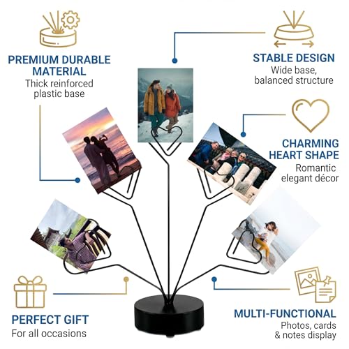 Desktop Heart-Shaped Photo Tree Style Holders Round Base,5-Branch Family Picture Frame Clips Holder Desk Card Display Stand for Christmas,Wedding, Birthday Party,Black - color: Black