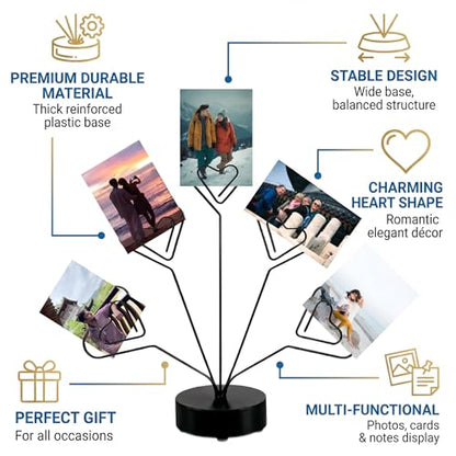 Desktop Heart-Shaped Photo Tree Style Holders Round Base,5-Branch Family Picture Frame Clips Holder Desk Card Display Stand for Christmas,Wedding, Birthday Party,Black - color: Black