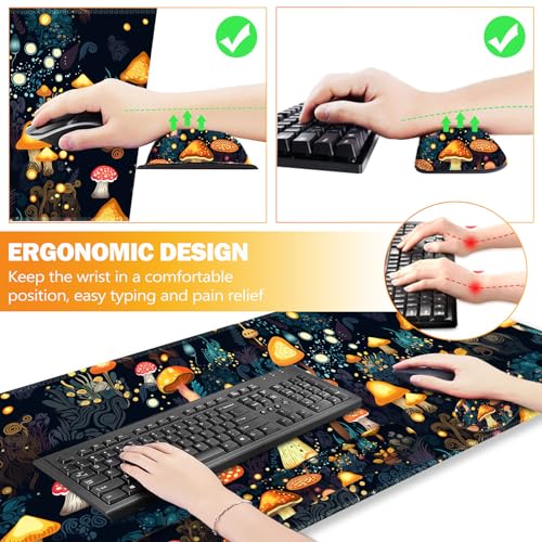 ARTSO Large Gaming Mouse Pad, Keyboard Wrist Rest Pad & Wrist Support Mousepad Set, Stitched Edge, Extended, Non-Slip Base, Memory Foam Desk Mat for Office, Home, Cute Mushrooms - color: Cute Mushrooms