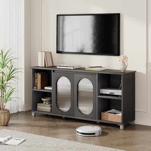 IDEALHOUSE TV Stand for 65" TVs with Fluted Glass Media Console, Black | Media Storage Cabinet, Fluted Glass Doors, Open Display Shelves, Modern Design, Bedroom & Living Room - color: Black