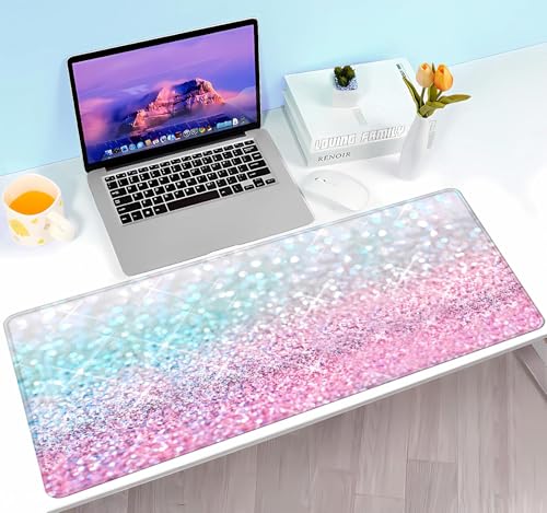 Gradient Glitter Large Mouse Pad, Pink Blue Sparkle Desk Pad, Pastel Cute Writing Desk Mat, Non-Slip Rubber Long Mousepad for Laptop Computer Gamer Home&Office, 31.5x11.8 in - color: Gradient Glitter