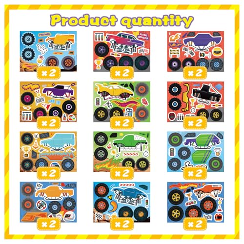DUJAA 24 Sheets Monster Truck Stickers for Kids, Colorful, Premium Quality, Make Your Own, Monster Truck Party Favor, Teacher Reward, Birthday Gift - style: Monster Truck
