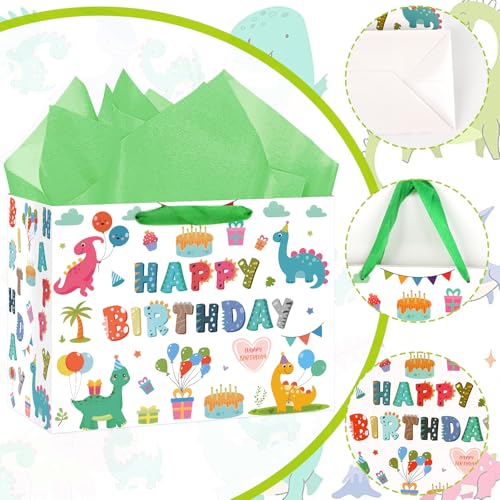 Hooqict Large Dinosaur Gift Bag Happy Birthday Gift Bag with Handles, Wrapping Tissue Paper and Greeting Cards for Kids Boys 1st 2nd 3rd Dinosaur Birthday Party Supplies Baby Showers - color: Dinosaur
