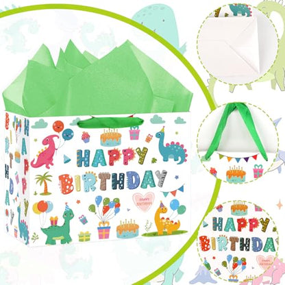 Hooqict Large Dinosaur Gift Bag Happy Birthday Gift Bag with Handles, Wrapping Tissue Paper and Greeting Cards for Kids Boys 1st 2nd 3rd Dinosaur Birthday Party Supplies Baby Showers - color: Dinosaur