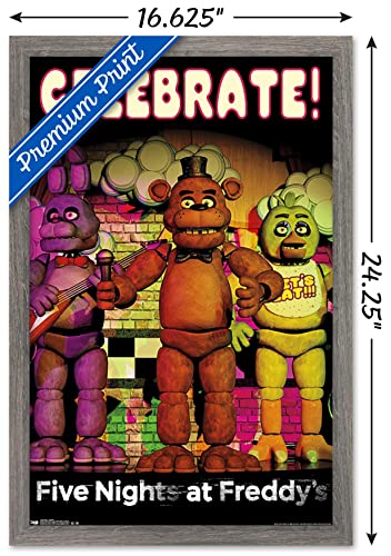 Trends International Five Nights at Freddy's - Celebrate Wall Poster, 14.725" x 22.375", Barnwood Framed Version - color: Barnwood Framed Version, size: 22.4"L x 14.7"W