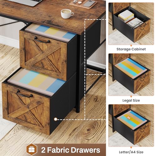 SEDETA L Shaped Desk with Drawers, 62.2" Home Office Desk with Fabric File Drawers and Power Outlet, L Shaped Desk with Hutch, Storage Shelves, LED Lights, Rustic Brown - color: Rustic Brown
