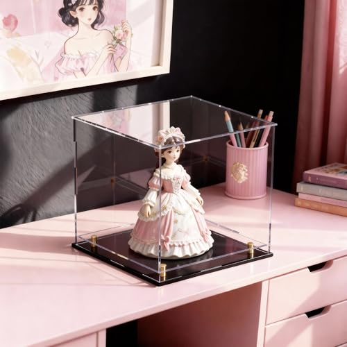 Acrylic Display Case for Collectibles, Dustproof Acrylic Box with Clear Display Elevation & Gold Risers, Large Display Case for Figures Toys Memorabilia, 8" L x 8" W x 8" H - size: 8"L x 8"W x 8"H