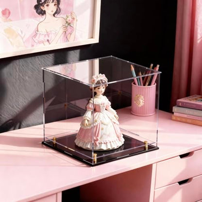Acrylic Display Case for Collectibles, Dustproof Acrylic Box with Clear Display Elevation & Gold Risers, Large Display Case for Figures Toys Memorabilia, 9" L x 9" W x 9" H - size: 9"L x 9"W x 9"H