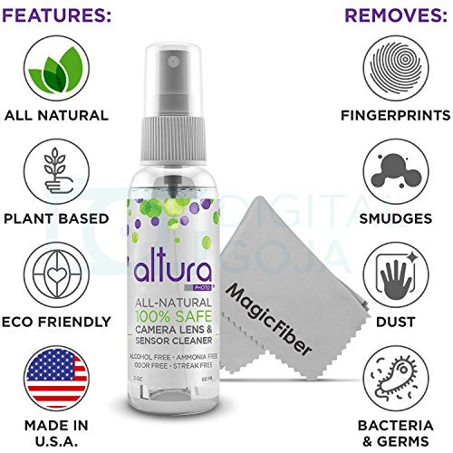 Altura Photo Camera Cleaning Kit - All Natural Lens Cleaner, Brush, Pen, Blower, Microfiber Cleaning Cloths, Tissue Wipes for Canon Nikon Sony Fuji Olympus Pentax Sigma Tamron DSLR Mirrorless Cameras - style: w/ 2oz. All Natural Cleaning Solution