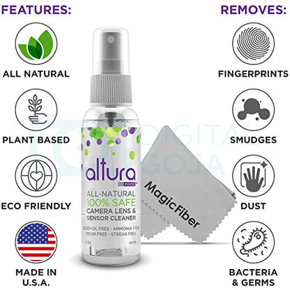 Altura Photo Camera Cleaning Kit - All Natural Lens Cleaner, Brush, Pen, Blower, Microfiber Cleaning Cloths, Tissue Wipes for Canon Nikon Sony Fuji Olympus Pentax Sigma Tamron DSLR Mirrorless Cameras - style: w/ 2oz. All Natural Cleaning Solution
