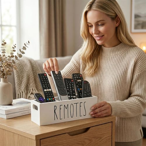 Remote Control Holder, Farmhouse Remote Storage Caddy, Bedside TV Controller Box, Rustic Wood Media Organizer Tray for Home Bedroom Table (White) - color: White
