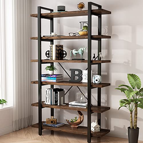 AY-AOYUAN Solid Wood Bookcase and Book Shelves Wood and Metal Shelving Unit 6 Tier Bookshelf Modern Rustic Open Bookshelf Office,Distressed Brown (AY-02-6Tier) - size: 6Tier