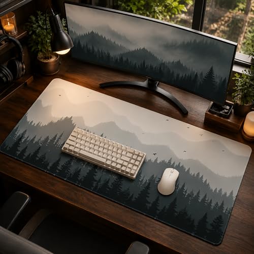 XXL Gaming Mouse Pad 35" x 17", Large Extended Desk Mat with Non-Slip Rubber Base, Misty Forest Landscape Mouse Pad for Gaming, Office, Laptop, Keyboard & Desktop Setup - color: blue, size: 17L x 35W inches