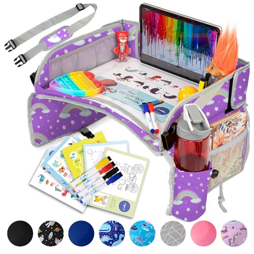 PILLANI Kids Travel Tray for Car - Car Seat Tray for Kids w/ Tablet & Cup Holder - Toddler Travel Activities for Car & Airplane - Road Trip Essentials & Must Haves - Carseat Table Roadtrip Activities - color: Rainbow