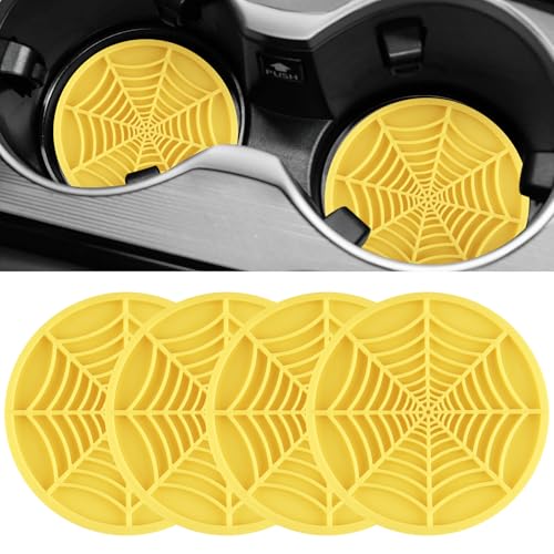 Alpmosn 4PCS Spider Web Car Cup Holders, Halloween Non-Slip Silicone Insert Coasters, Automotive Cupholder Goth Accessories for Men & Women (Yellow) - color: Yellow