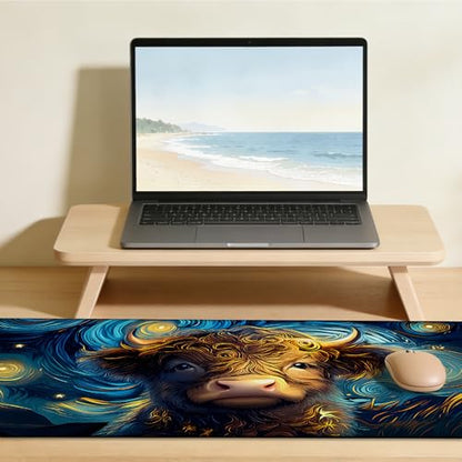 Starry Night Highland Cattle Gaming Mouse Pad Large Desk Mat Extended Keyboard Anime Mousepad with Non-Slip Base and Stitched Edge for Desk Home Office Gaming,35.4 x 15.7 Inch - color: Starry Night Highland Cattle, size: 15.7*35.4inch