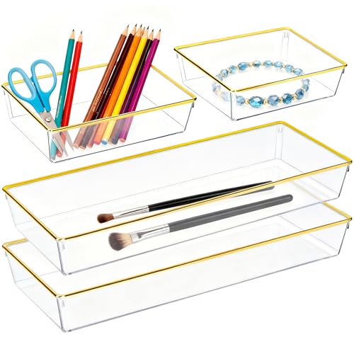 4 Pack Large Size Clear Stackable Drawer Organizer Trays, Gold Rim Makeup Drawer Storage Tray Divider, Desk Storage for Makeup, Jewelry, Bathroom, Stationary, Kitchen Utensils and Office Desk - color: Gold, size: 4 PACK