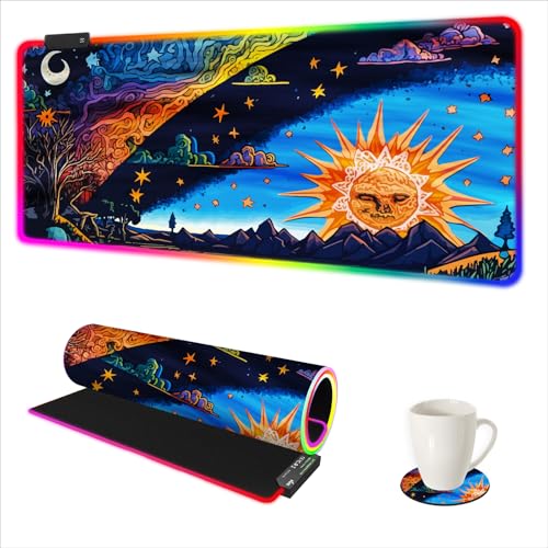 AIMSA Large Gaming Mouse Pad RGB, Keyboard Led Mousepad Extended 35.4 x 15.8 inch Non-Slip Rubber Base with 14 Lighting Modes Desk Mat, Abstract Sun - color: Abstract Sun