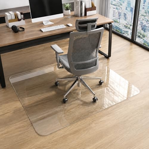 40 x 48 Inch Glass Chair Mat, 1/5 Inch Thick Tempered Glass Office Chair Mat for Carpet and Hardwood Floors, Heavy Duty Clear Computer Desk Floor Protector with 4 Anti-Slip Pads - size: 48" x 40"