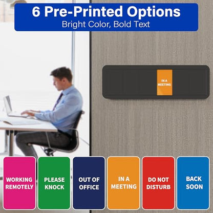 Office Door Signs with 6 Printed Status Options – Do Not Disturb, Out of Office, In a Meeting, Please Knock, Work from Home, Back Soon – Includes Custom Personalized Blank Sticker for Privacy Workspace or Studio Available and Away - style: Black