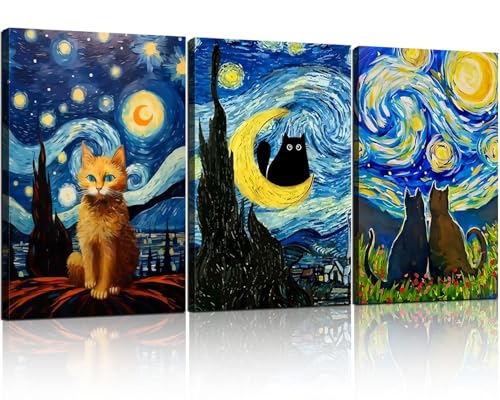 RVRBKTS 3 Frames Starry Night Cats Canvas Wall Art Animals in Famous Paintings Poster Modern Art Picture Home Decor Print Vintage Style Oil Painting Print 16x24 Inch - color: Black star cat, size: 16x24inch
