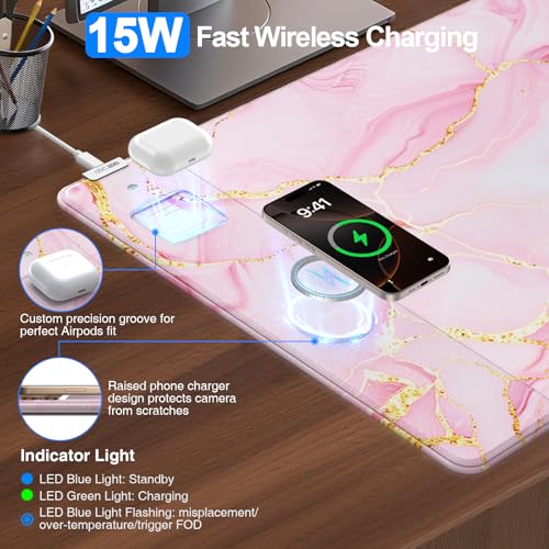 Pink Marble Mouse Pad with 15W Wireless Charging, 31.5"x15.8" Large Gaming Desk Pad/Mat for Women Girls, Waterproof Ultra-Smooth Surface, Non-Slip Base, with 20W PD Adapter - color: Pink Marble-31.5"x15.8"(with Wall Charger)