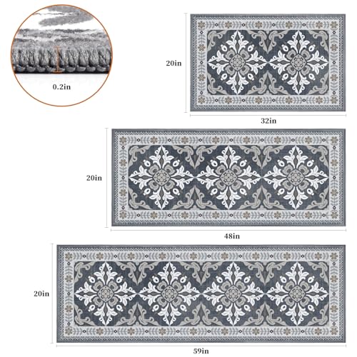 3-Piece Kitchen Rugs, Non-Slip & Washable Floor Mats, Water-Absorbent Area Pad, Standing Desk Mat for Office, Home, Doorway, Laundry, Kitchen Accessories (Grey) - color: Grey, size: 20"x32"+20"x48"+20"x59"