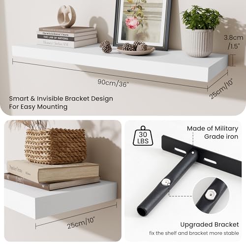 Fun Memories Floating Shelves Set of 2, 36 Inch Long Wooden Wall Shelves, 10 Inch Deep Wall Mounted Storage Shelf with Metal Brackets for Living Room, Bathroom, Bedroom and Kitchen, White - color: Modern White, size: 36W x 10D x 1.5H