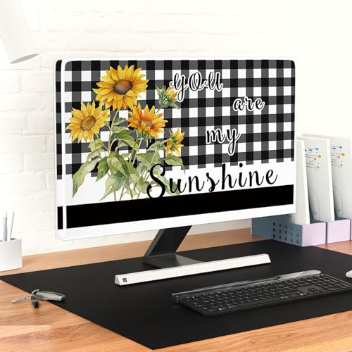 You are My Sunshine Monitor Dust Covers 22, 23, 24, 25 Inch Black and White Buffalo Plaid Sunflowers Water Proof Computer Covers for Desktop PC Protector Rustic Design Computer Decorations