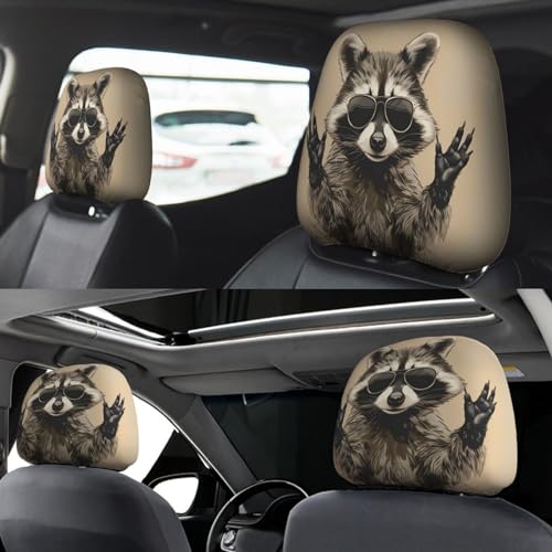 Dujiea 2 Pack Funny Raccoon Car Headrest Covers, Universal Soft Car Seat Head Rest Cover Protector, Vehicle Accessories Fabric Headrest Cover for Cars Vans Trucks - color: Funny Raccoon