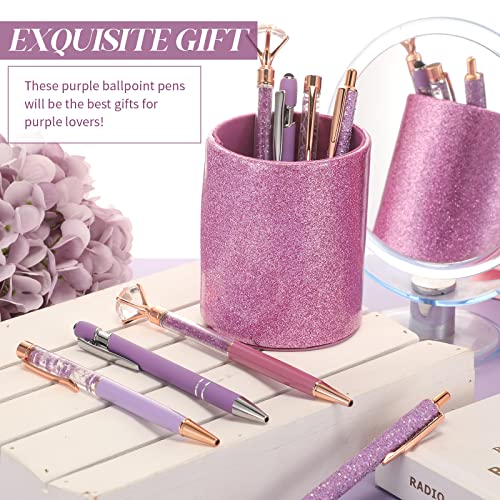 Sabary 8 Pcs Violet Pens with Pen Holder for Desk Glitter Crystal Diamond Cute Ballpoint Fancy Pencil Holder Bling Desk Organizer for Women Girls School Office Supplies Wedding Graduation Gifts - color: Violet