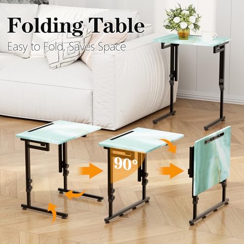 Adjustable Height Tv Tray Table,Portable Folding Tv Tray Dinner Snack Trays Table,Small Foldable C-Shaped End Table for Eating,Slide Under Couch Side with Sturdy MDF Top,No Assembly(Sea Blue+Black) - color: Sea Blue+black