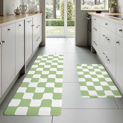 Fresh Green Retro Curvy Checkered Grid Checkerboard Kitchen Rug Sets [2 PCs], Anti-Fatigue, Waterproof Non-Slip Kitchen Mats Heavy Duty Comfort Foam Rug for Floor, Home, Laundry,17"x29"+17"x47" - color: Milkgrid-fresh Green, size: 17.3"x29"+17.3"x47"-0.4"