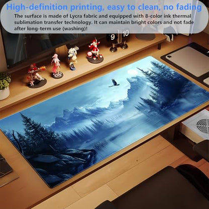 Extended Gaming Mouse Pad XL, Snow Mountain Desk Mat 31.5x15.7, Non-Slip | Majestic large computer desk mat with a soaring eagle and winter mountain landscape print. Ideal for cozy studios. - color: Snow Mountain Eagle