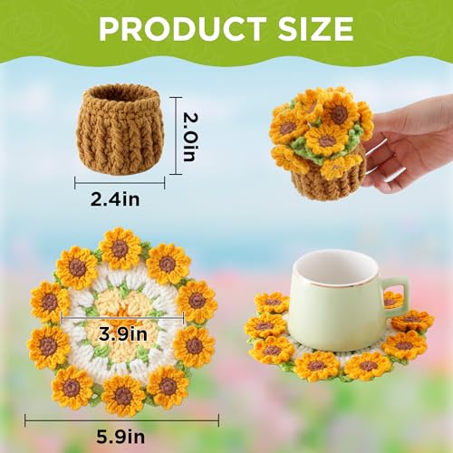 Flower Crochet Coasters, Handmade Bouquet Blanket Coaster with Crochet Plant Pot Fun Soft Decorative Drink Coasters for Coffee Tabletop Protection and Home Decor (Sunflower Yellow, 1Pc) - color: Sunflower Yellow, size: 1Pc