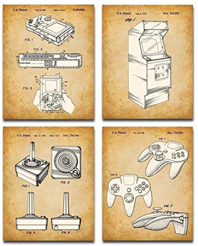 Original Video Games Patent Wall Art Prints - Classic Gamer Room Decor, Teen Room Wall Art and Arcade Sign Poster, Vintage Gamer Gifts, Video Game Art Print, Set of 4 8x10 Unframed Posters