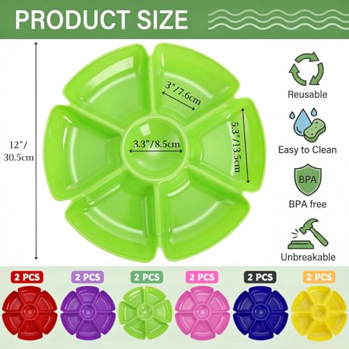 AVLA 12 Pcs Plastic Snack Serving Tray, 12 Inch Unbreakable Chip and Dip Divided Serving Plates, Round 7 Compartments Multifunctional Food Platter for Snack, Nuts, Candy, Dried Fruit, Veggies