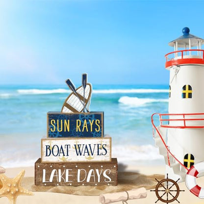 Britimes 4 Pcs Summer Wooden Tiered Tray Decor Set, Lake Boat Paddle Table Decor Rustic Farmhouse Retro Carbin Wooden Coffee Table Centerpieces for Home Kitchen Office Decorations (Boat Style) - style: Boat