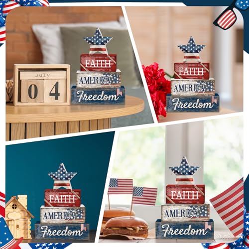 Britimes 4 Pcs Patriotic Independence Day Tiered Tray Decor Set, 4th of July Table Sign Farmhouse Red White Blue Rustic Wooden Block Stack Sign Memorial Day Decorations for Home Office (Star) - style: Star
