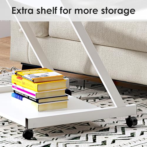 sogesfurniture Mobile Computer Desk Small Rolling Office Table Workstation with Printer Shelf and Keyboard Tray, Space-Saving Computer Desk with Storage Shelf for Home and Office (White) - color: White